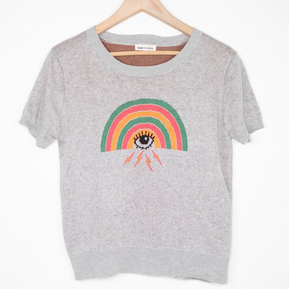 Saint Geraldine Rainbow Eye Knit Sweater Top Gray Short Sleeve M